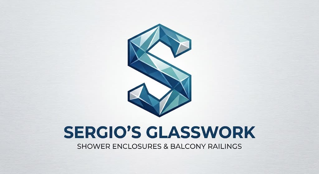 Sergio's Glasswork logo: faceted crystal-blue letter S with shower enclosures and balcony railings wordmark
