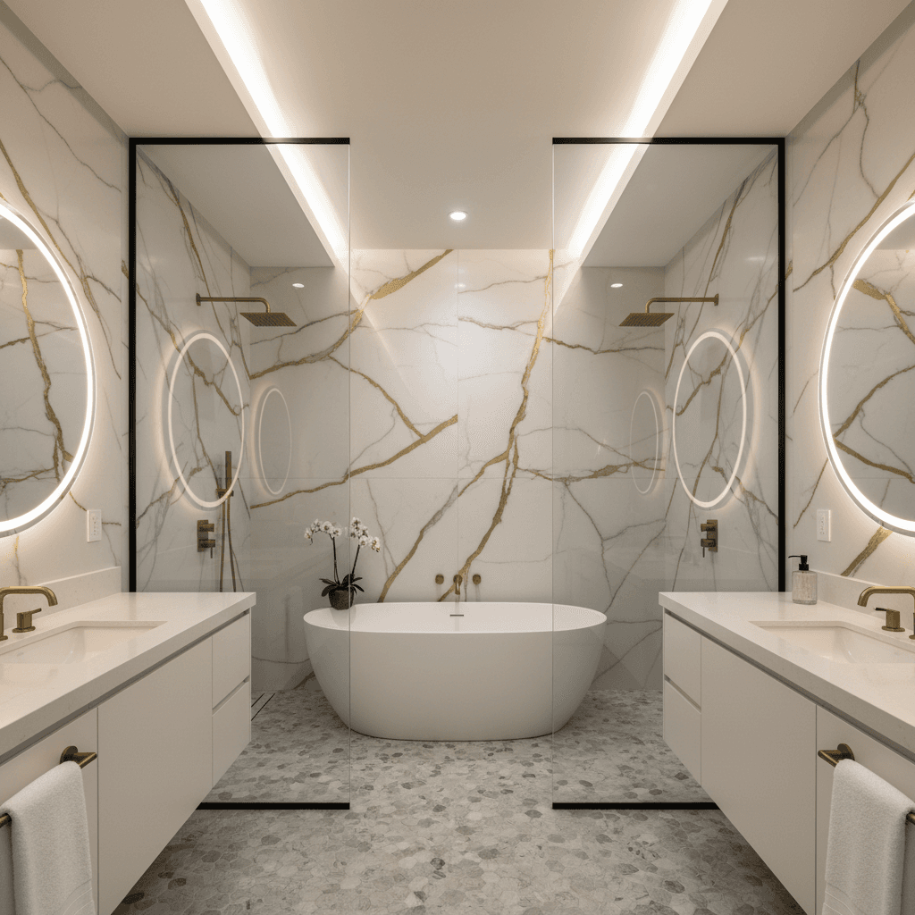Walk-in glass shower with pebble tile floor and marble tile walls