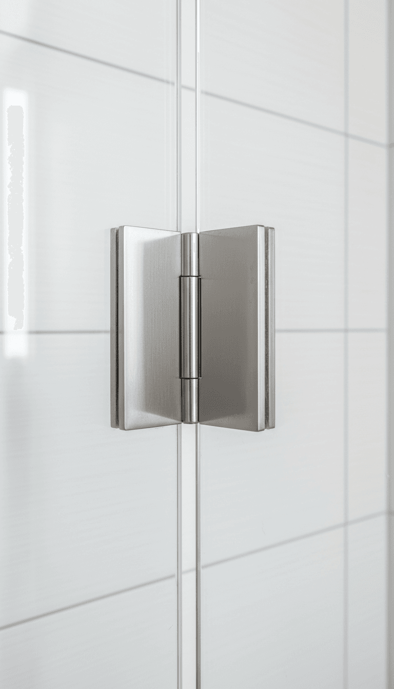Close-up of shower glass door hinges