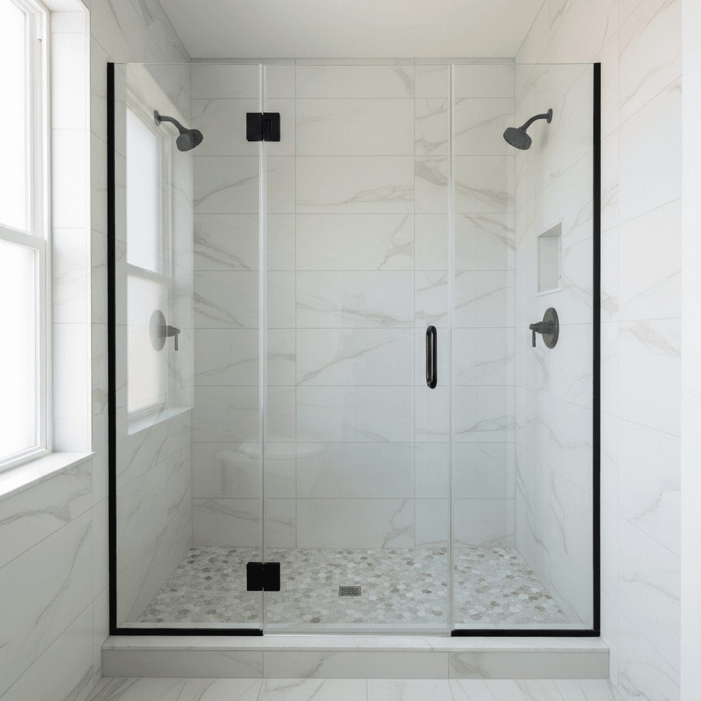 Frameless glass shower enclosure with black fixtures in a marble bathroom