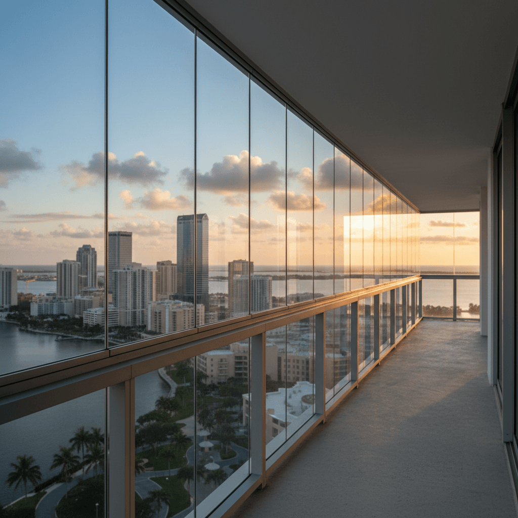 Glass balcony enclosure on a high-rise with city skyline view