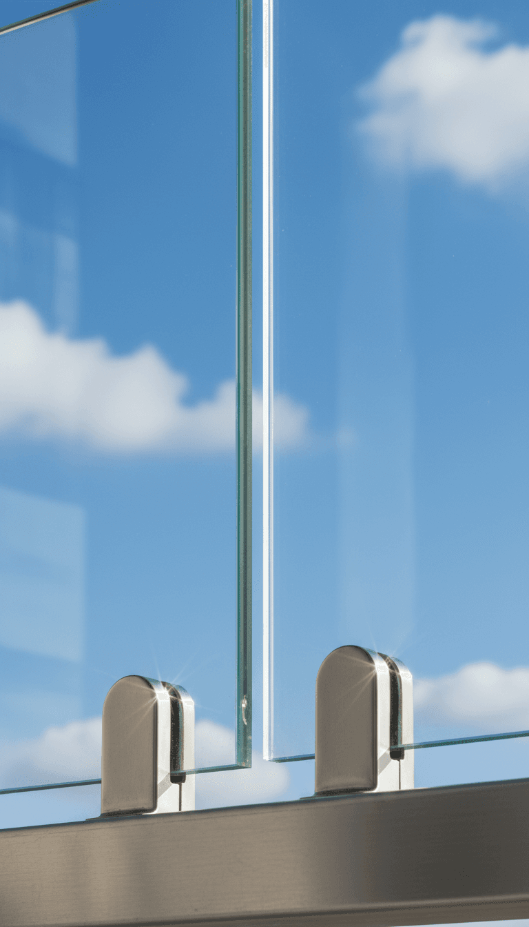 Glass balcony panel detail with steel clamps