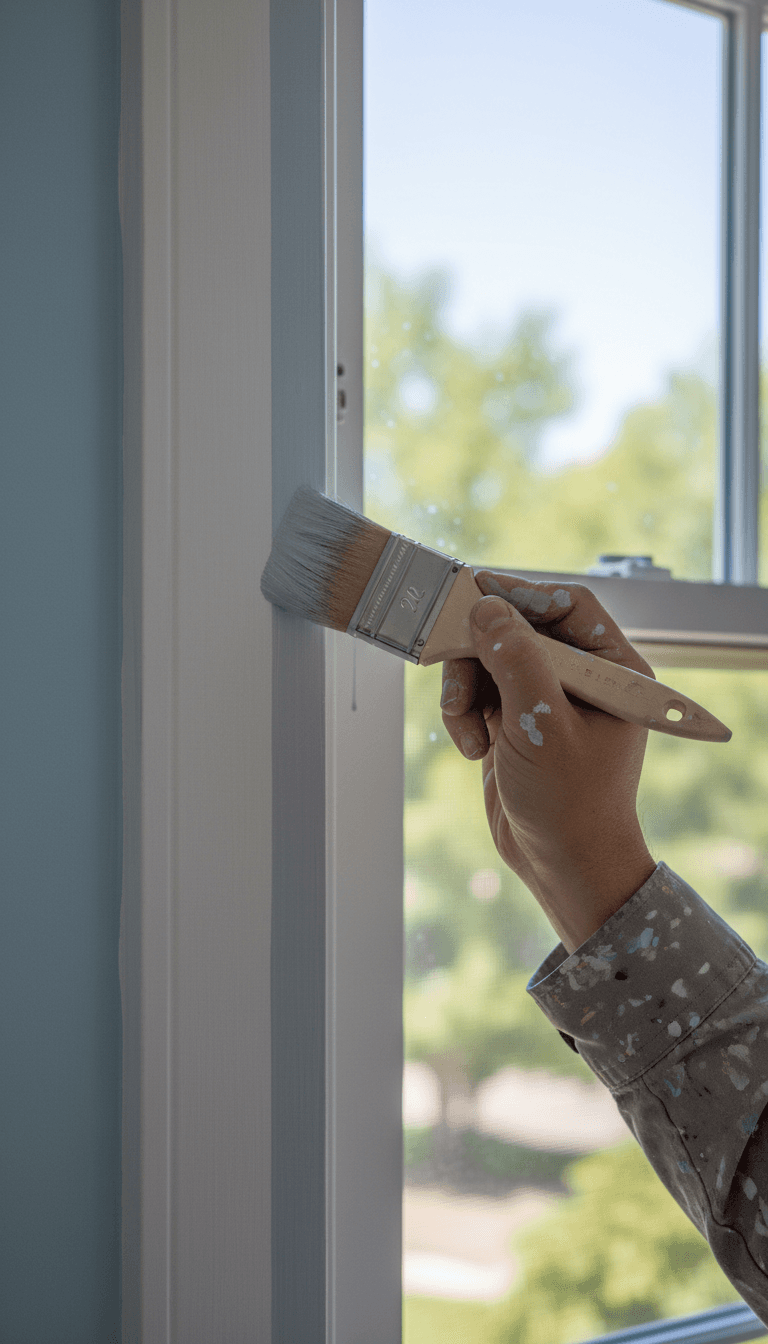 Painter cutting in along window frame