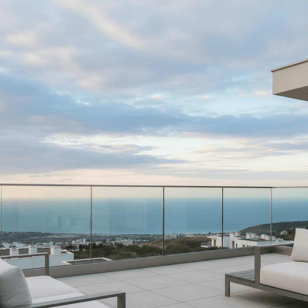 Glass balcony railing on a modern terrace with coastal view