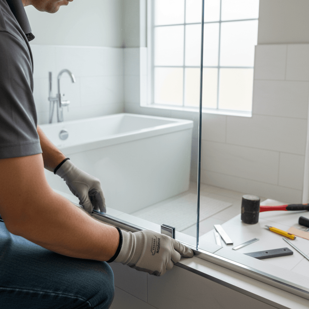 Glazier hands installing a glass shower panel