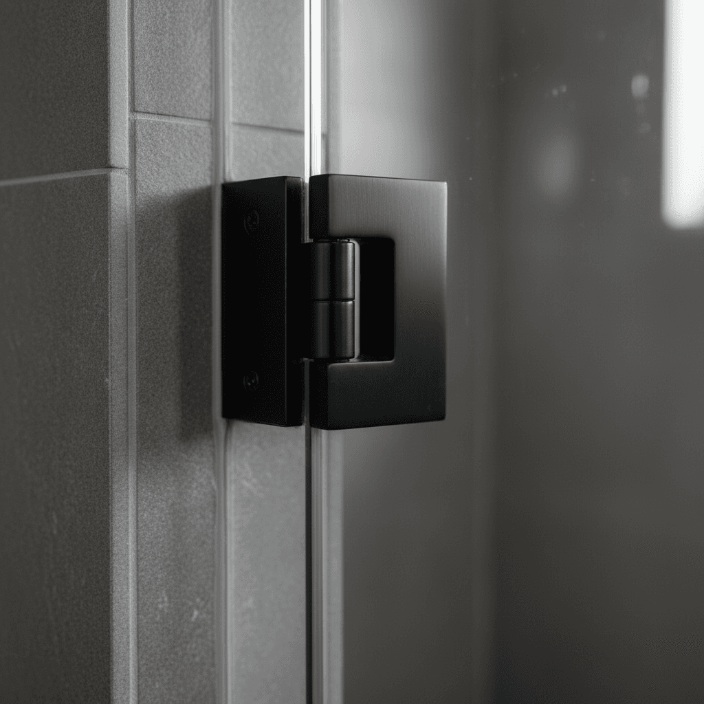 Close-up of glass shower door hinge and hardware installation