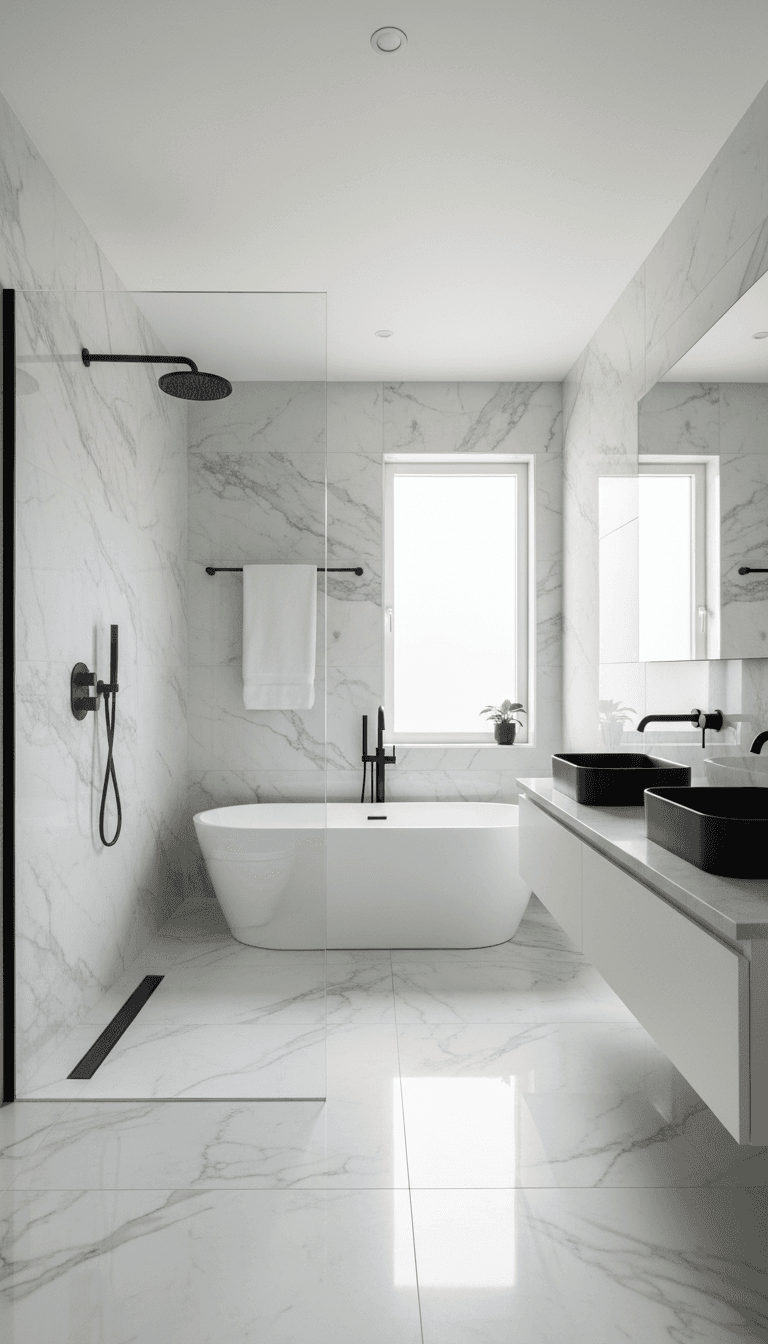 Frameless glass shower enclosure with black fixtures