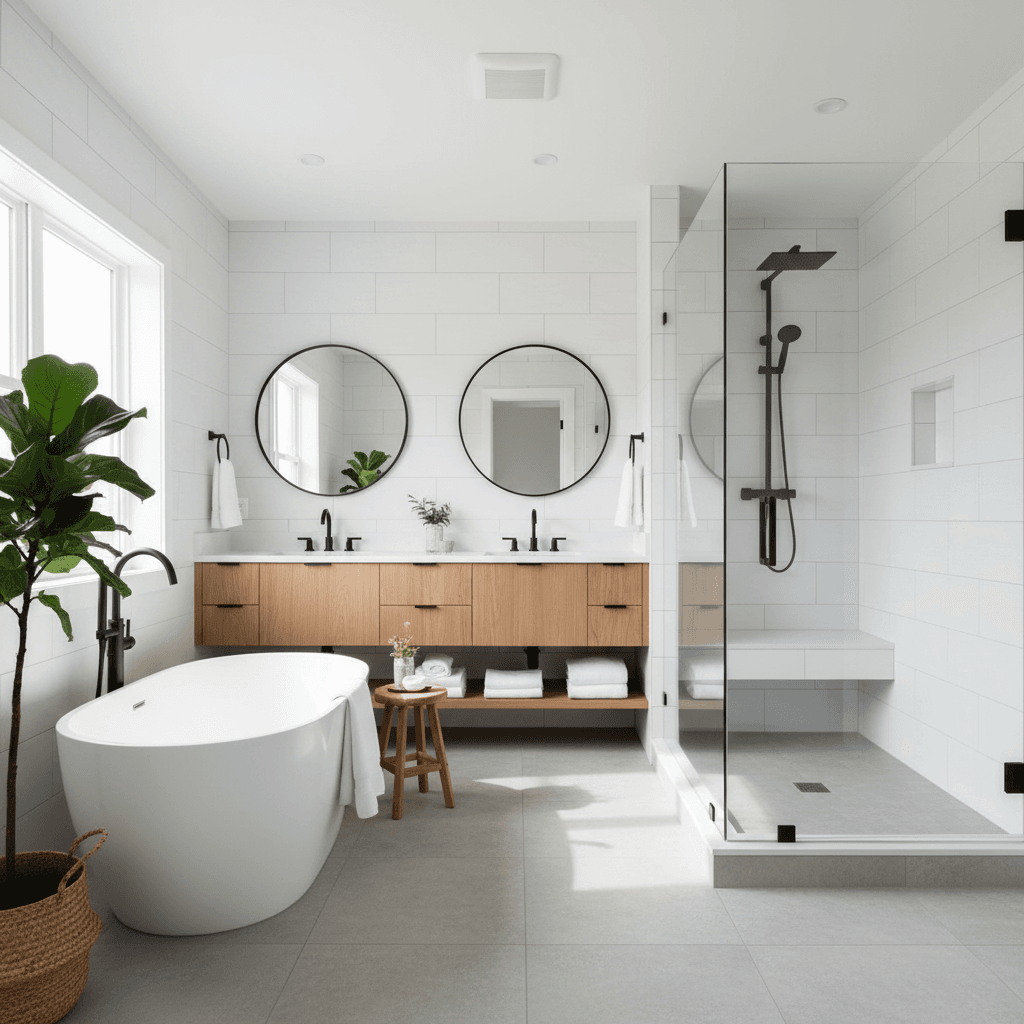 Finished master bathroom remodel with glass shower and tub