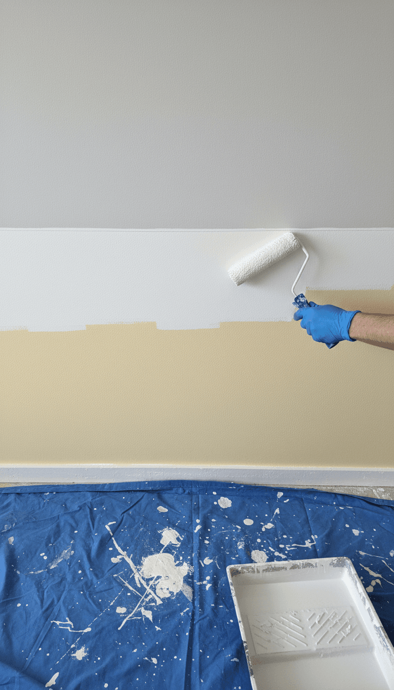 Painter rolling white paint with clean cut line