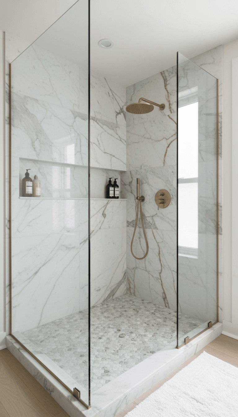 Walk-in glass shower with pebble tile floor