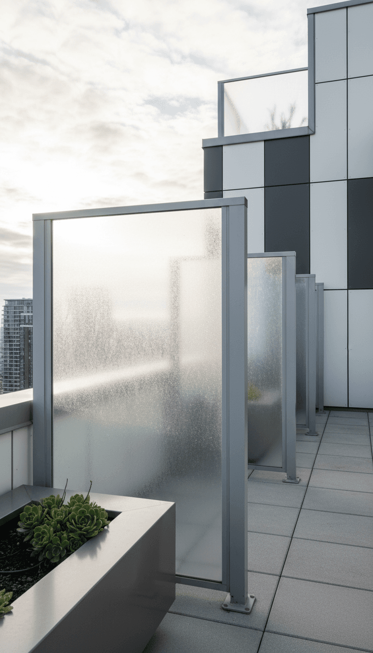 Frosted glass balcony panels on high-rise terrace