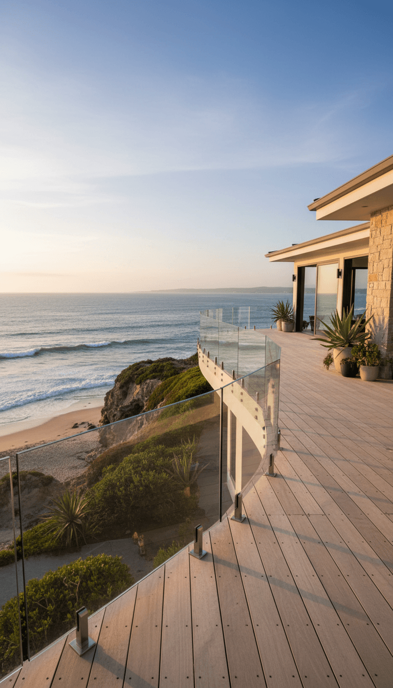 Glass balcony railing with ocean view
