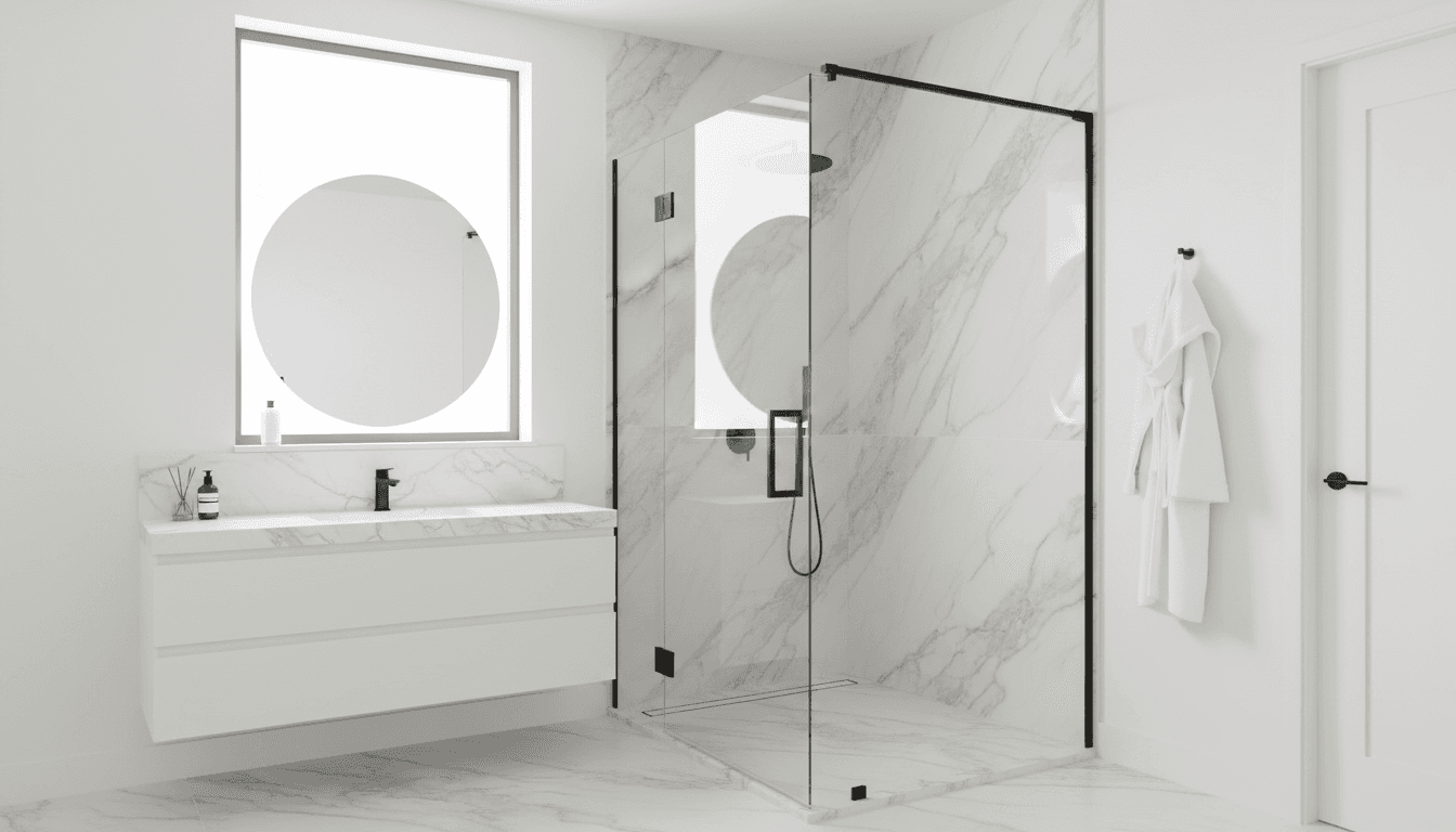 Frameless glass shower enclosure with black fixtures in a modern bathroom