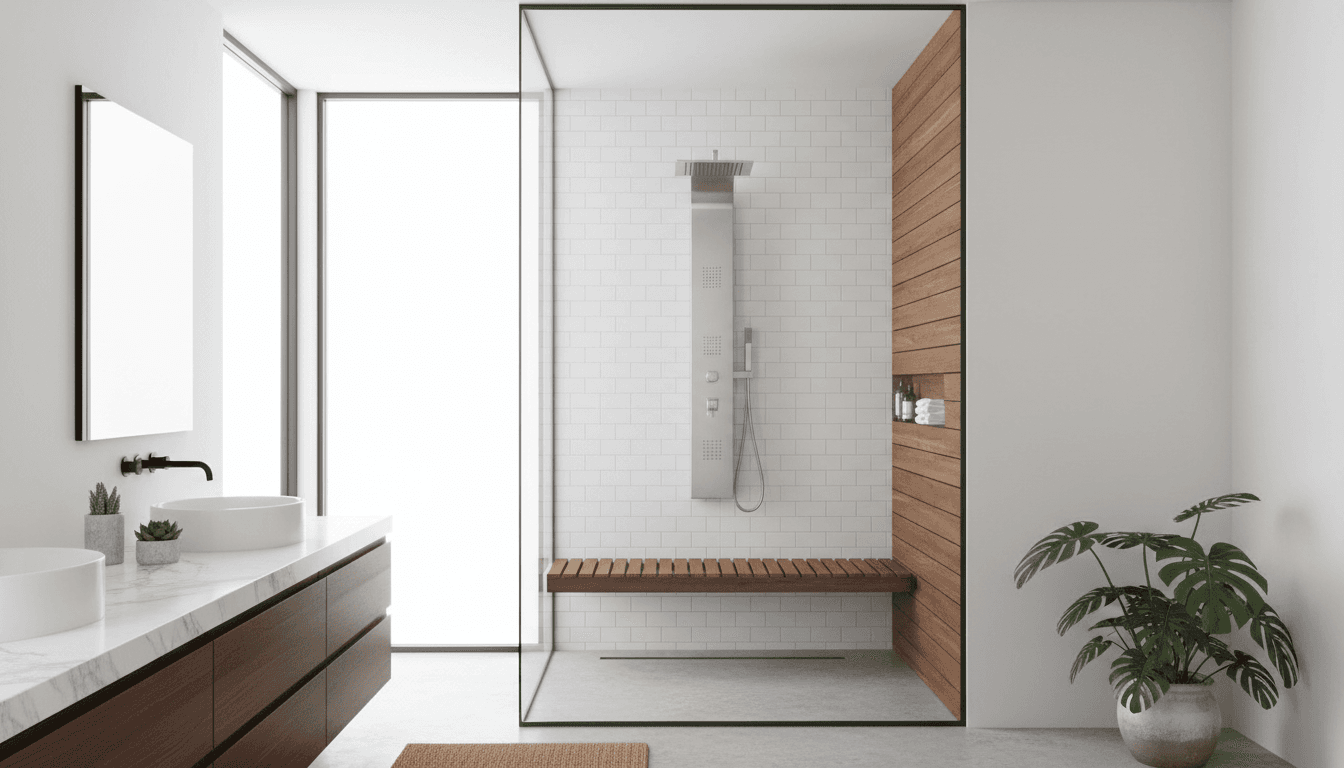 Modern bathroom with glass shower enclosure and marble-look tiles