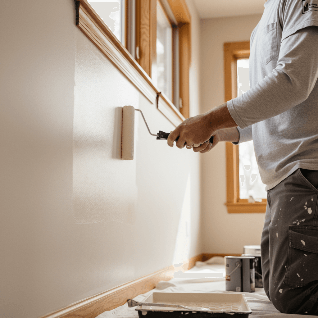 Painter rolling white paint onto an interior wall with a clean edge