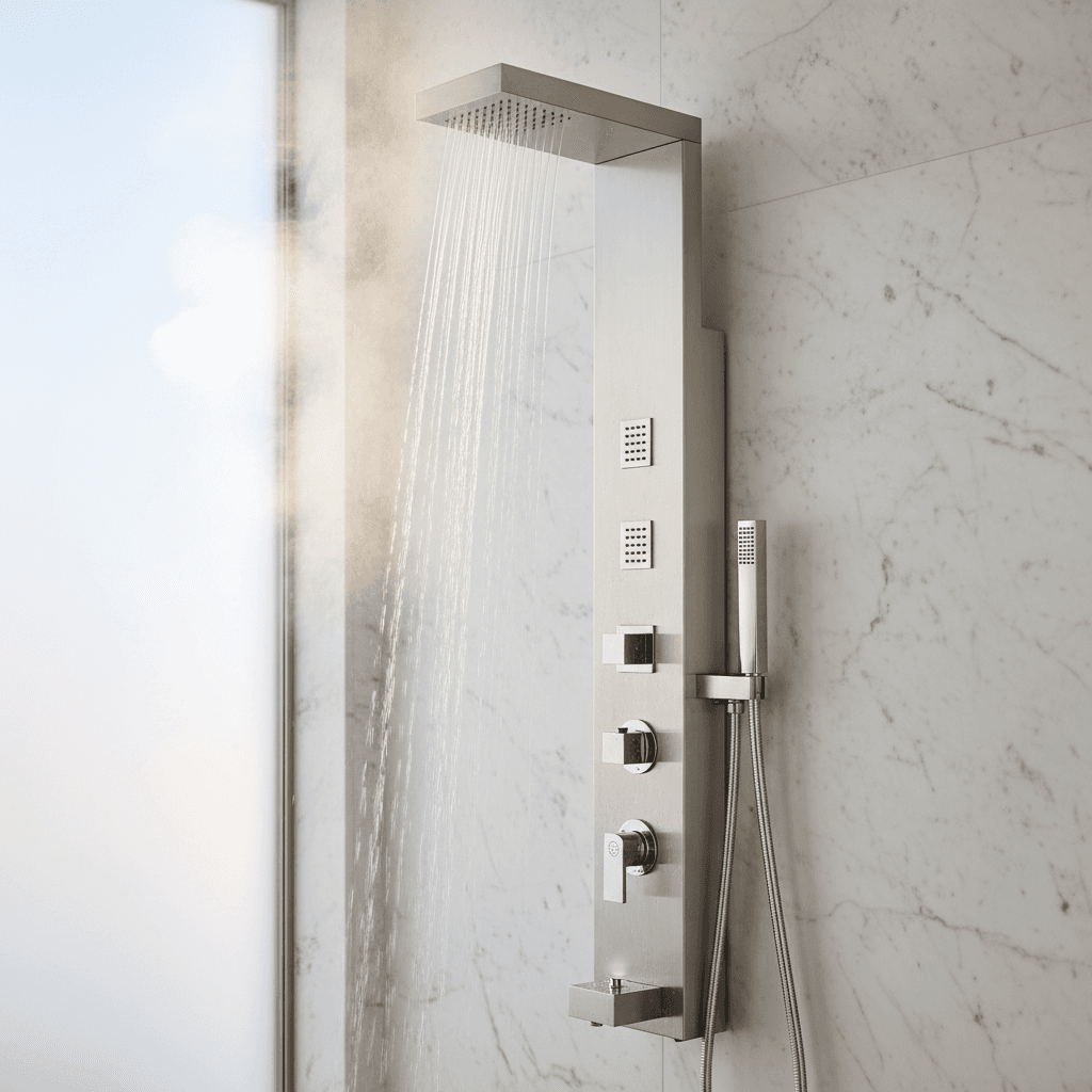 Tall glass shower door with gold accents