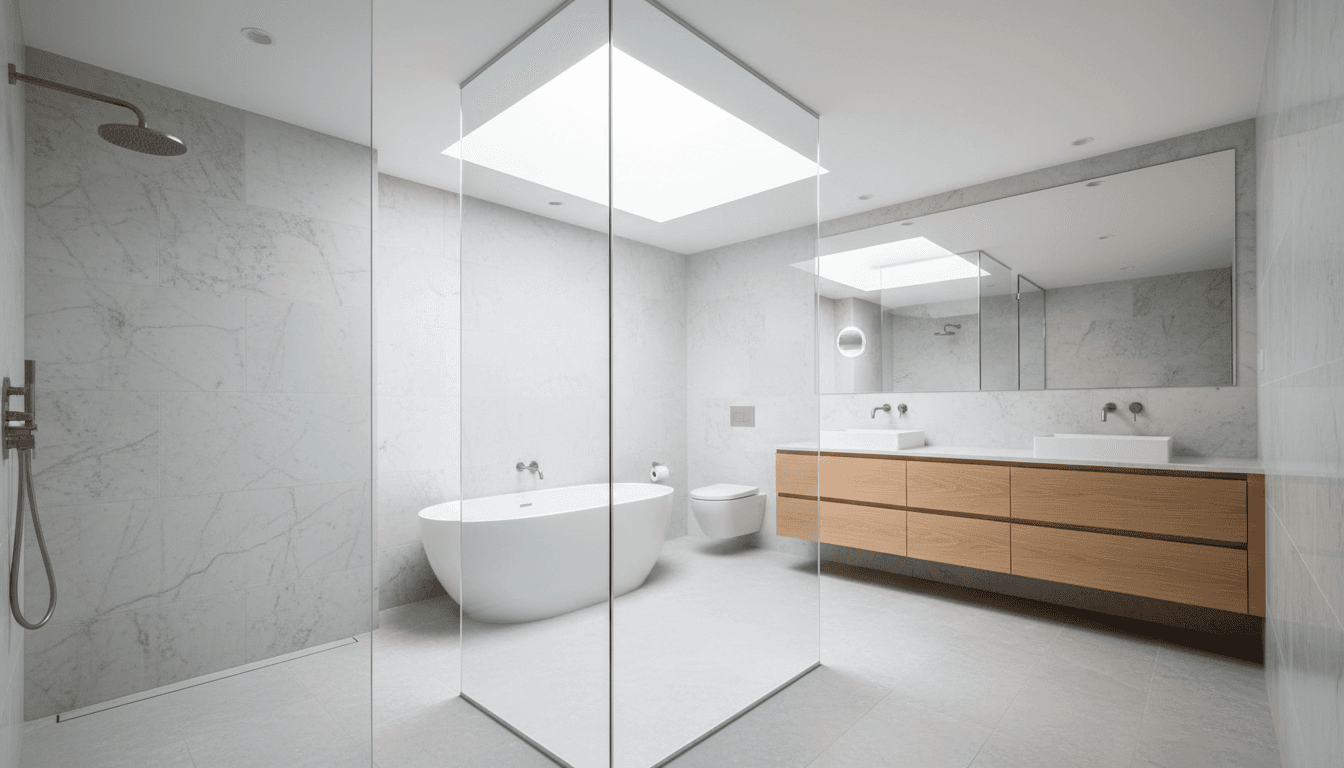 Frameless glass shower enclosure with marble-look tiles and black fixtures