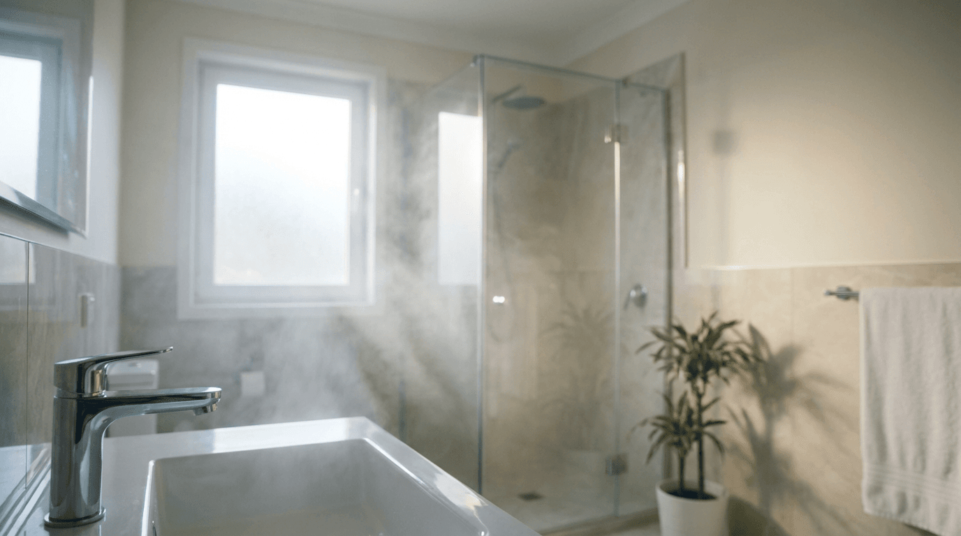 Frameless glass shower enclosure in a modern bathroom